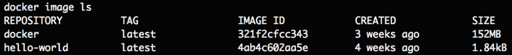 Running docker image ls to reveal the hello-world image is installed